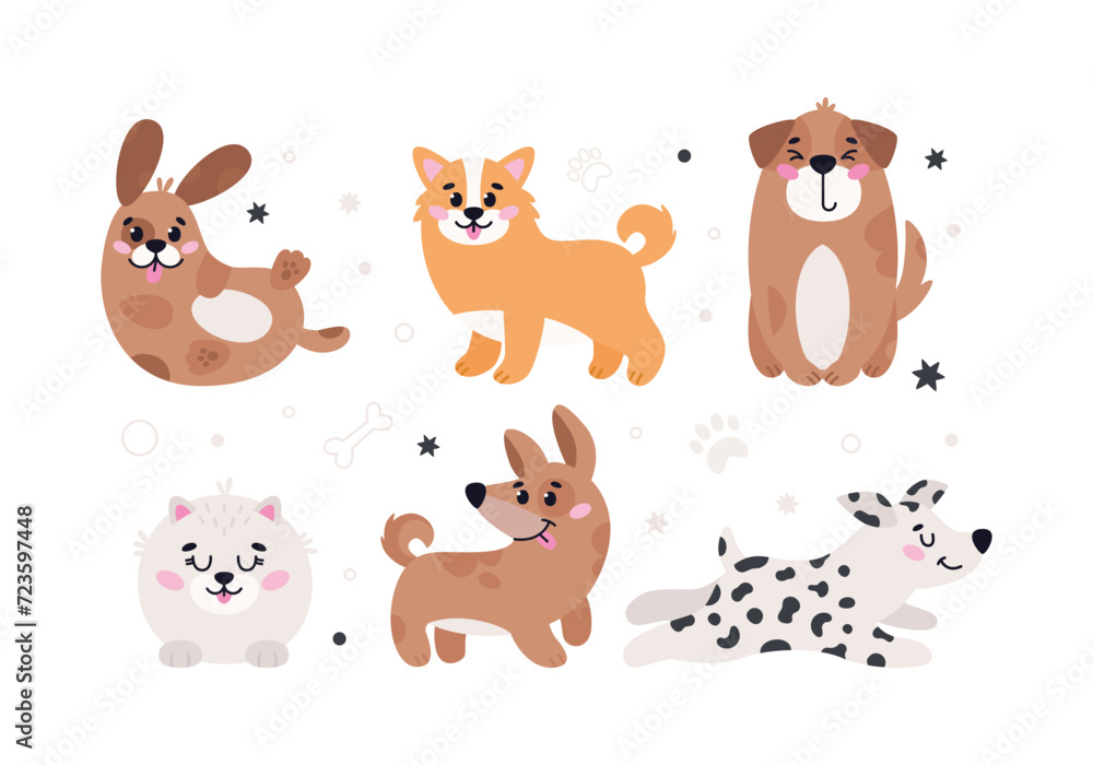 Obraz premium Set of cute pets dogs. Cartoon vector dog or puppy characters design collection with flat color in different poses. Set of funny pet animals isolated on white background