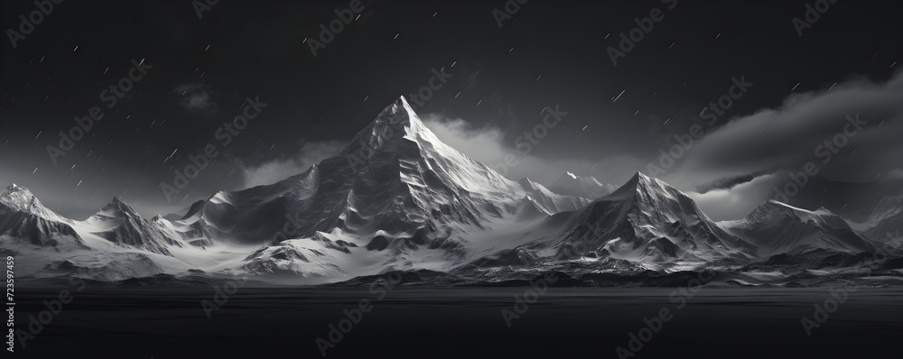 Professional monochrome photography of a snowy mountain peak in the clouds. Landscape nature shot for interior painting. Graphic black and white poster of a snow covered mountain range. - obrazy, fototapety, plakaty 