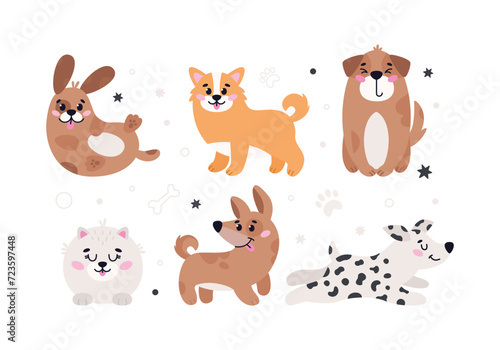 Set of cute pets dogs. Cartoon vector dog or puppy characters design collection with flat color in different poses. Set of funny pet animals isolated on white background