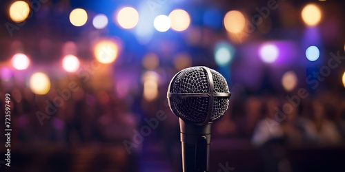 microphone on stage Event hall: Close up of microphone stand, seats with audience in the blurry background
