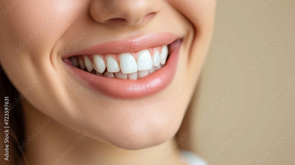 Obraz premium Cropped shot of a young Caucasian smiling woman. Teeth whitening. Dentistry, dental treatment.