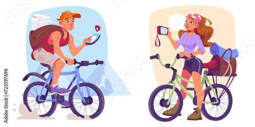 Set of cycling tourists enjoying travel. Vector cartoon illustration of young man, woman using online map app on smartphone for navigation in mountains, taking beach photo on camera, active lifestyle