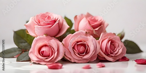 pink roses on wooden background Bouquet of pink roses on a white background. Valentines day background. Banner  design  web  mockup. Generative AI 