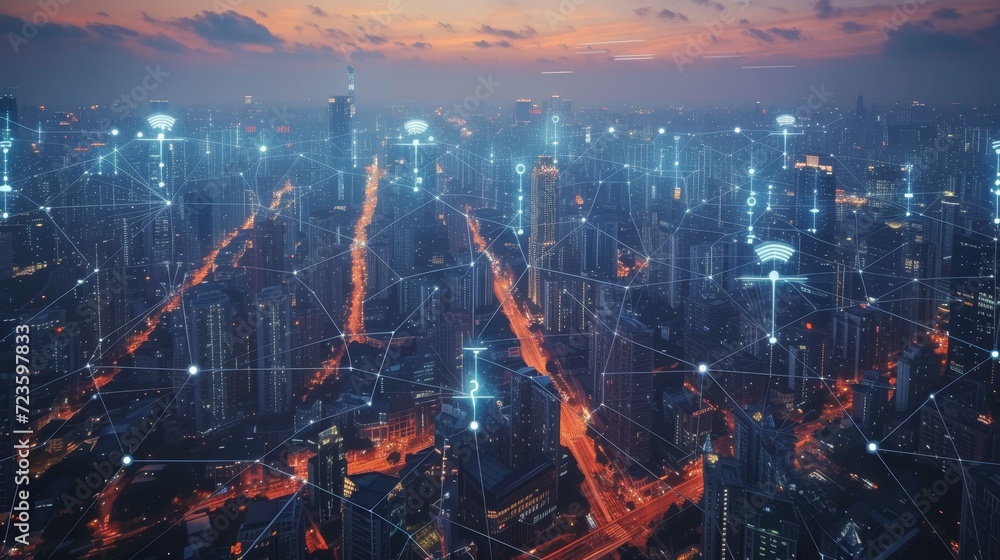 Obraz premium Digital Networks Unveiled: Wireless Connectivity and Urban Mapping