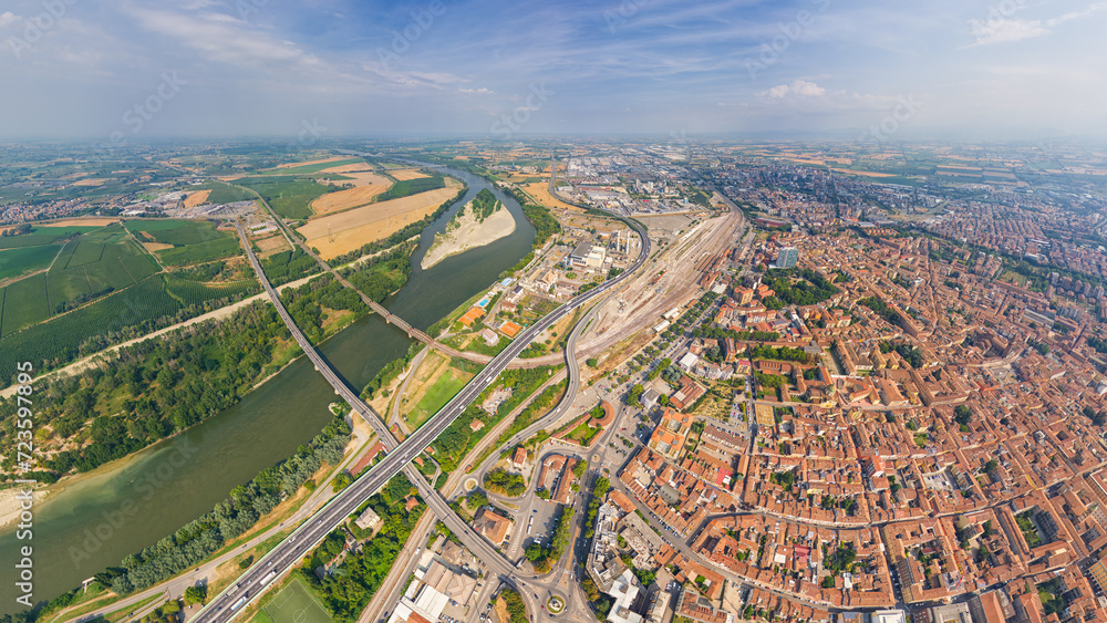 Piacenza, Italy. Industrial zone. Piacenza is a city in the Italian region of Emilia-Romagna, the administrative center of the province of the same name. Summer day. Aerial view