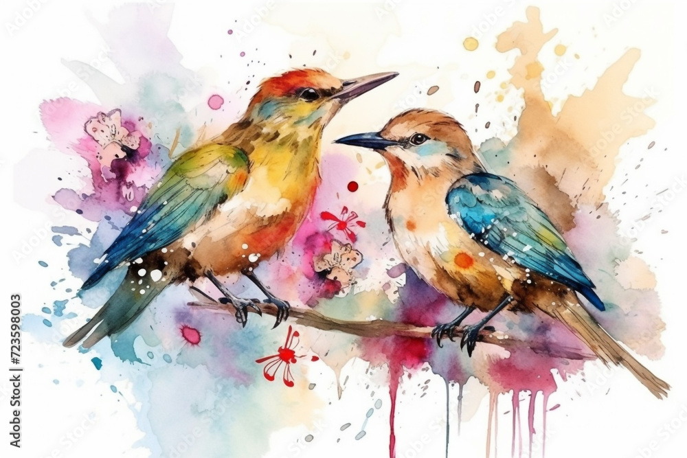 Nature and animals concept. Composition of colorful birds and flower blossoms in watercolor drawing style