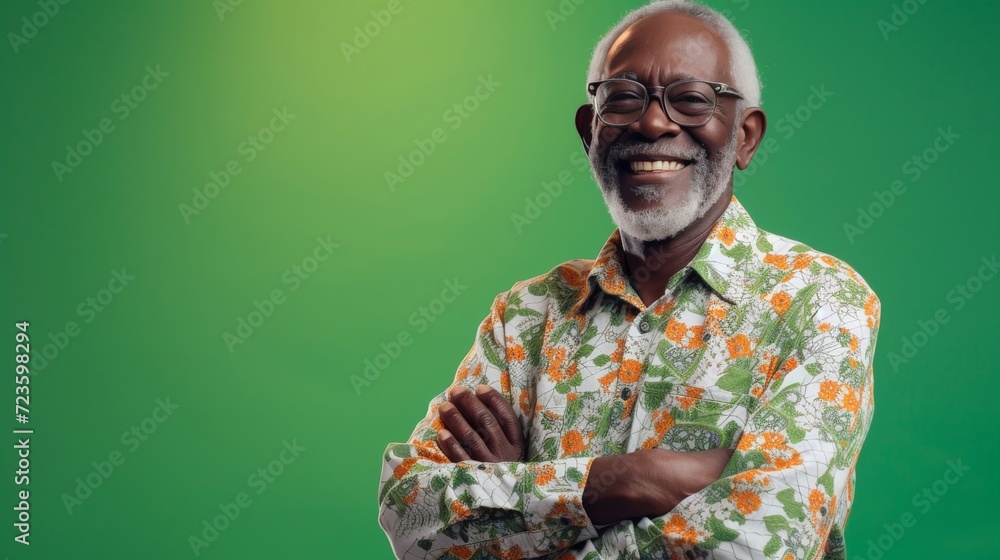 Happy, arms crossed and portrait of black man on green screen for confident, fashion and elegant style. Happiness, smile and senior with male model isolated Happy, arms crossed and portrait of black man on green screen for confident, fashion and elegant style. Happiness, smile and senior with male model isolated