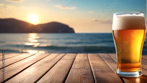 beer glass on a wooden background with seascape and sunset sky background.