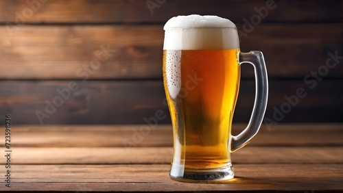 beer glass on a wooden background with wooden background.