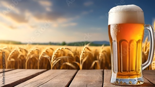 beer glass on a wooden background with blurred malt fields background. sunset photo