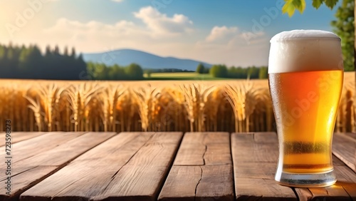 beer glass on a wooden background with blurred malt fields background. sunset photo