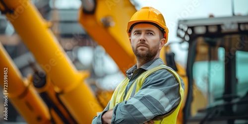 Confident builder posing with construction machinery. professional and ready. ideal for industry promotions. workplace realism. AI © Irina Ukrainets