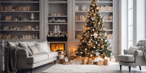 Festive living room with cozy Christmas decor and a beautifully decorated Christmas tree.