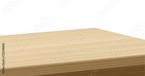 Light brown 3d table top with wooden texture surface isolated on white background. Angle view on desk made from wood. Realistic furniture element turned with corner tabletop for presentation podium.