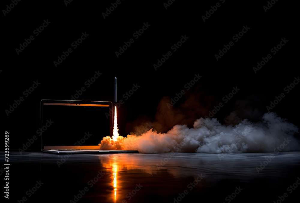 Generative AI image of a rocket leaving a laptop screen