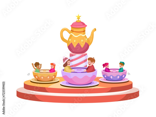 Tea Cup Spin Carousel Ride Cartoon Illustration Vector
