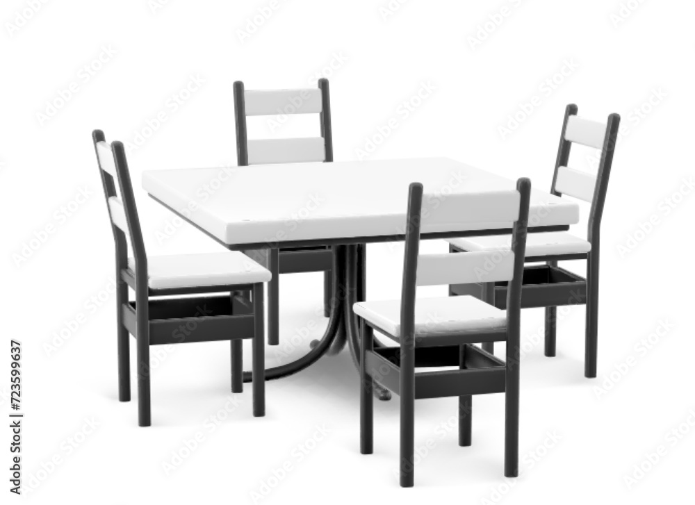 Booth square table and four chairs made from white plastic top and black legs for cafe or exhibition display. Realistic vector illustration of empty furniture for advertising and corporate Booth square table and four chairs made from white plastic top and black legs for cafe or exhibition display. Realistic vector illustration of empty furniture for advertising and corporate
