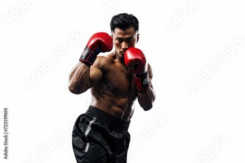 Fighter person wearing boxing gloves isolated on white 