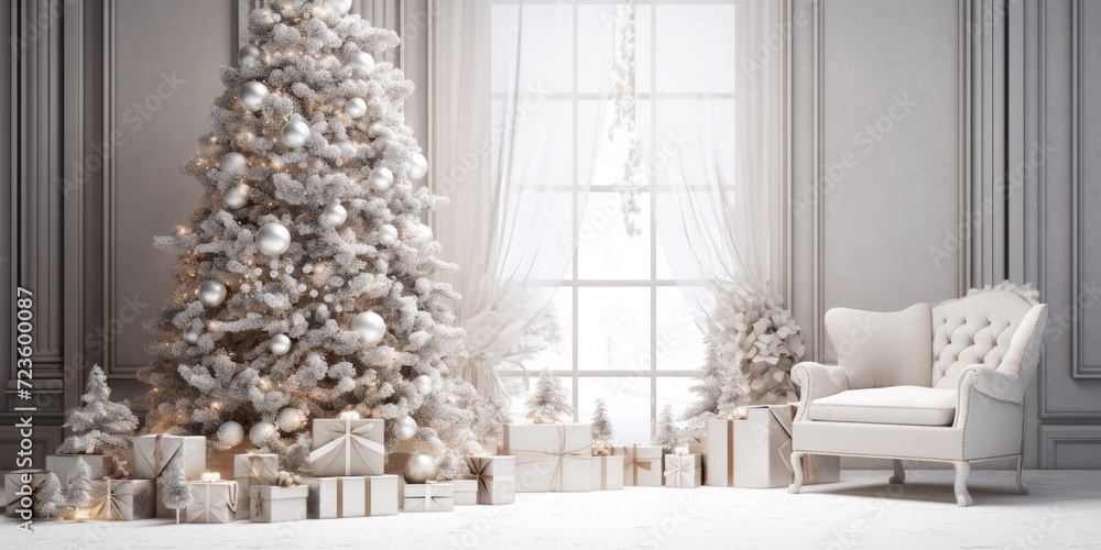 Christmas decorations adorn a beautiful contemporary room's interior.