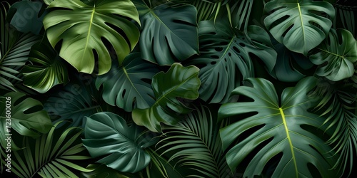Wallpaper Mural Lush tropical leaves backdrop, perfect for wallpaper or textile design. exotic monstera patterns in dark greens. ideal for relaxing backgrounds or natural themes. AI Torontodigital.ca