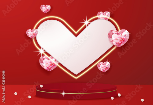 Heart shaped gems and display stand on red background, suitable for Valentine's Day, Mother's Day, sales