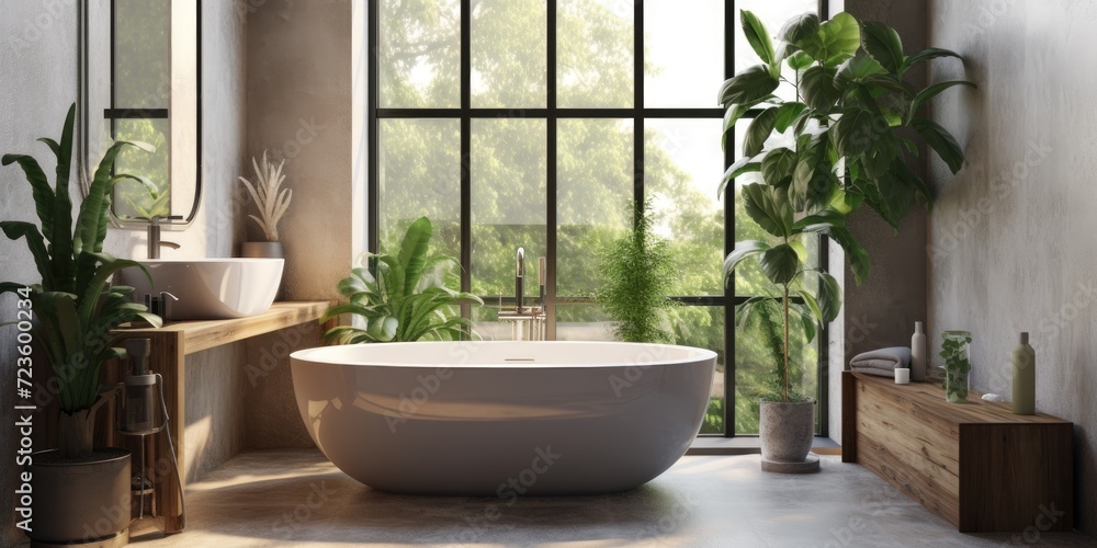 Modern bathroom with rustic decorations, white bathtub, panoramic windows, and green plants.