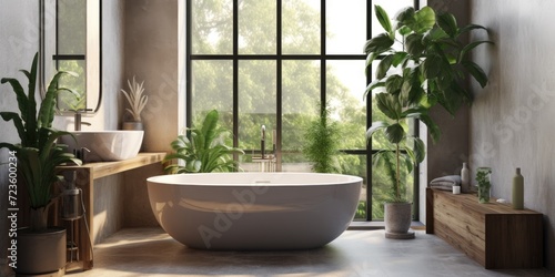 Modern bathroom with rustic decorations, white bathtub, panoramic windows, and green plants.