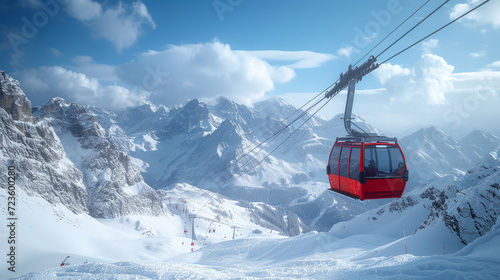 A red ski lift ascending the snow-covered mountains under a clear blue sky. photo