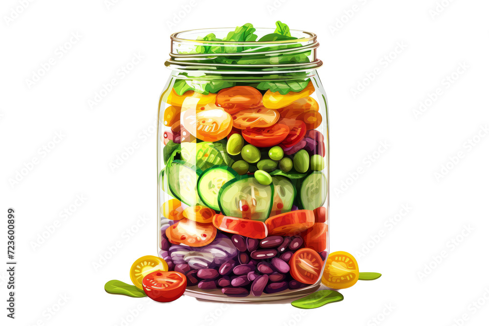 salad jar filled with nutrients, layers of colorful vegetables, beans and light dressing, on a white background. salad jar filled with nutrients, layers of colorful vegetables, beans and light dressing, on a white background.