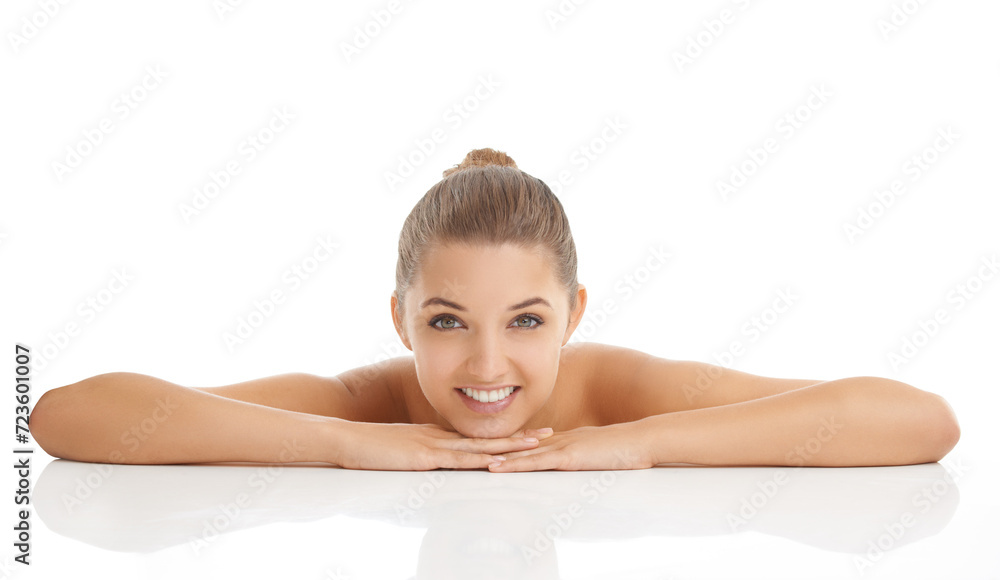 Mockup, skincare and portrait of happy woman in studio for wellness cosmetics on white background. Space, face and female model with natural beauty, treatment or dermatology, shine and glowing skin