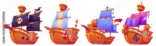 Cartoon old sailboat with wooden deck and captain dock, mast and canvas sails. Vector illustration of pirate and fishing vintage ships for game ui or childish book story design. Sea transport set.