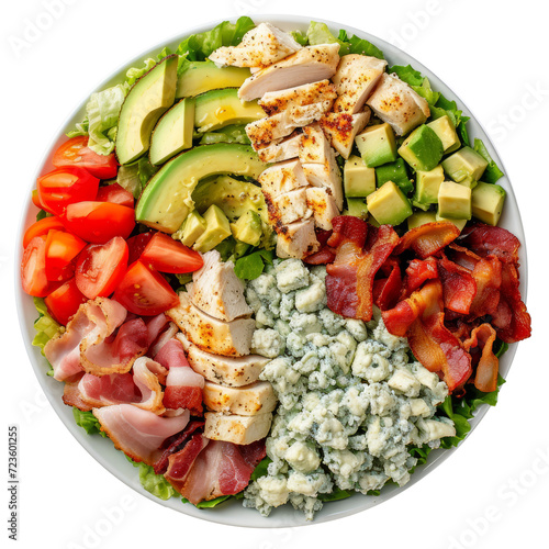 classic Cobb salad with rows of avocado, bacon, chicken and blue cheese on a white plate.