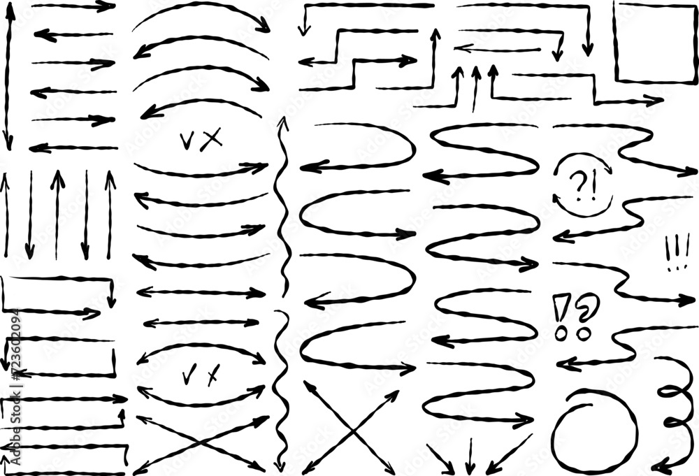 Fototapeta premium Arrow vector hand drawn set. Line sketch curved icon. Pencil scribble cartoon element on white. Brush marker with check mark and circle crayon chalk.