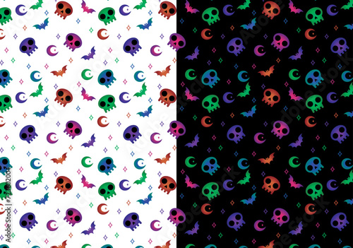 Colorful skulls, pattern, with moon and bat, for woven backgrounds, gothic pattern