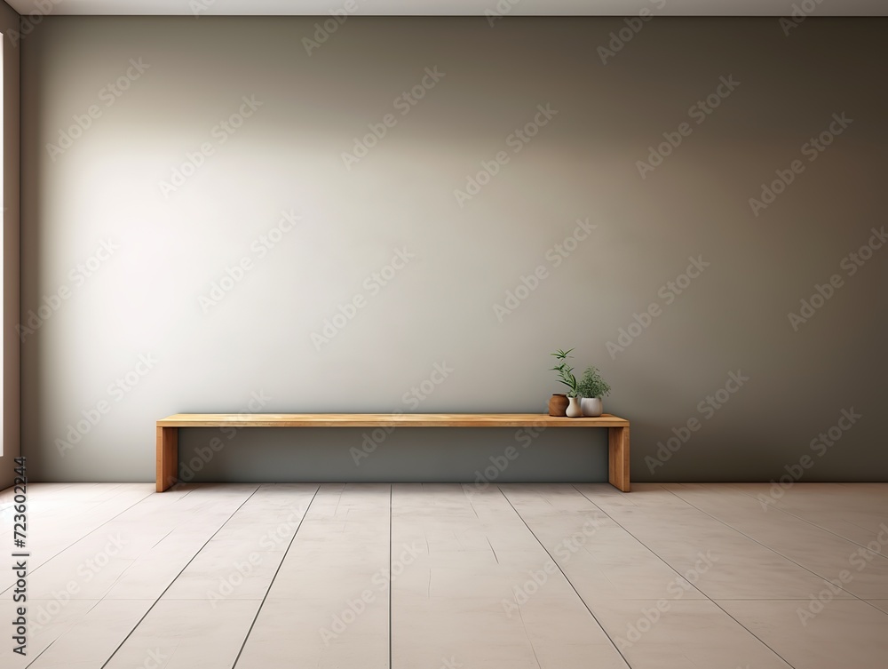 a long wooden table in an empty room with a wooden floor and gray walls a long wooden table in an empty room with a wooden floor and gray walls