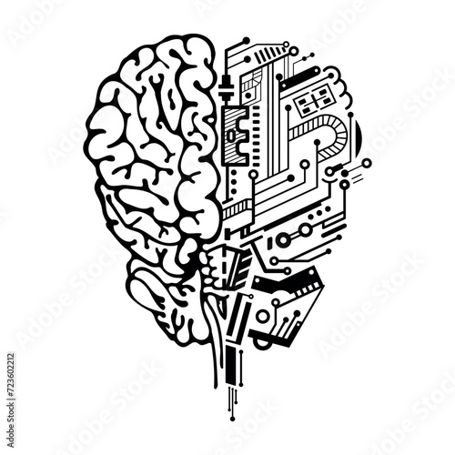 Artificial intelligence, cyber brain, ai concept, science icon, vector illustration, black isolated on white background. Brain concept in line style, creative design. Stylized brain. Electronic mind.