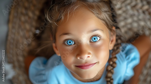 This captivating portrait features a young girl with adorable braids and mesmerizing bright blue eyes. Her playful expression and youthful energy shine through, making this image perfect for photo