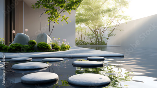 Immerse yourself in tranquility with this mesmerizing 3D abstract rendering of a serene Zen garden. Delicate floating stones create a sense of harmony and balance, inviting mindfulness and p