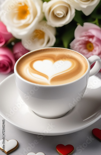 coffee latte with a heart pattern in a white cup on a background with flowers