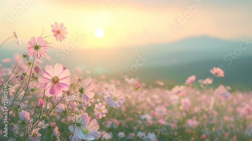 A serene watercolor painting of delicate cosmos blooming at sunset © sopiangraphics