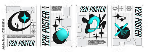 Retro futuristic art style banners set with abstract design elements. Vector illustration of retrowave aesthetic posters, turquoise signs, black text on white background, y2k vibe flyer templates