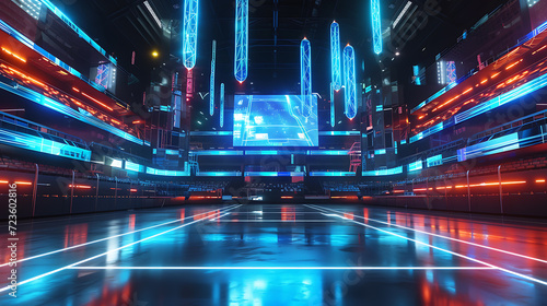 An immersive glimpse into the future of sports, this stunning 3D render depicts a futuristic sports arena adorned with mesmerizing holographic displays. A perfect blend of technology and ath photo