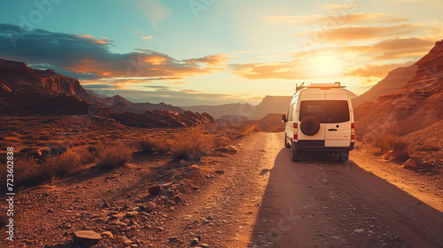 A van traveling at sunset in nature on a canyon path for a road trip to adventure and freedom, truck on the road