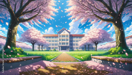 春の学校の校舎と桜  photo