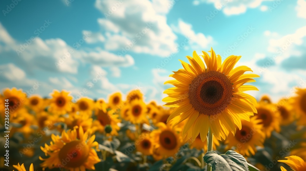 Bright sunflowers reaching for the sky in a vivid and expansive summer field.