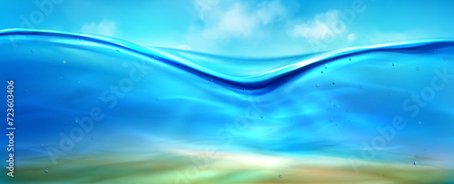 Sea or ocean water level with blue clean aqua surface, underwater depth with bubbles and sun rays, sand bottom and sky with clouds background textures. Realistic vector illustration of marine horizon.