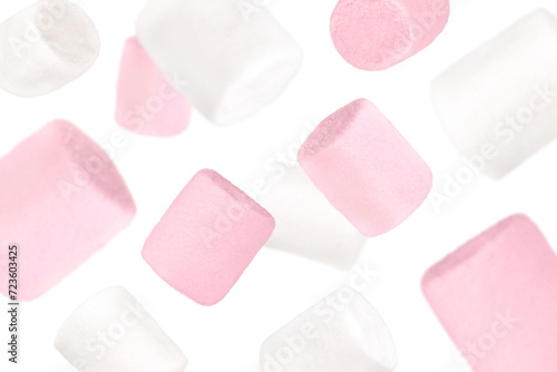 Levitation of white and pink marshmallows isolated on a transparent background.