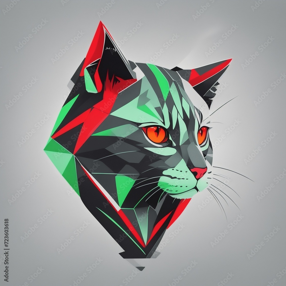 Minimalist medium quality vector art (neon line logo) depicting a tessellated geometric cat surrounded by bright smoke effects on a white, symmetrical, (red, black, white, green) background, Minimalist medium quality vector art (neon line logo) depicting a tessellated geometric cat surrounded by bright smoke effects on a white, symmetrical, (red, black, white, green) background,