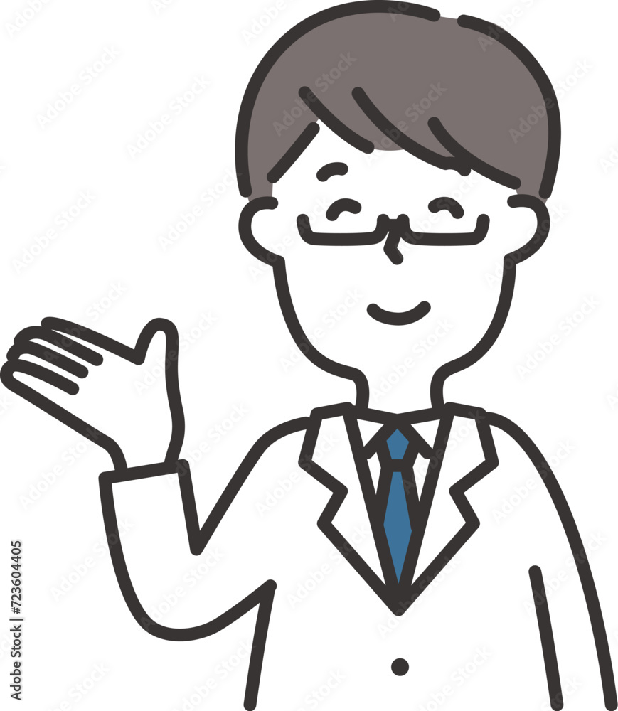白衣を着た男性がこちらと案内するイラスト 白衣を着た男性がこちらと案内するイラスト