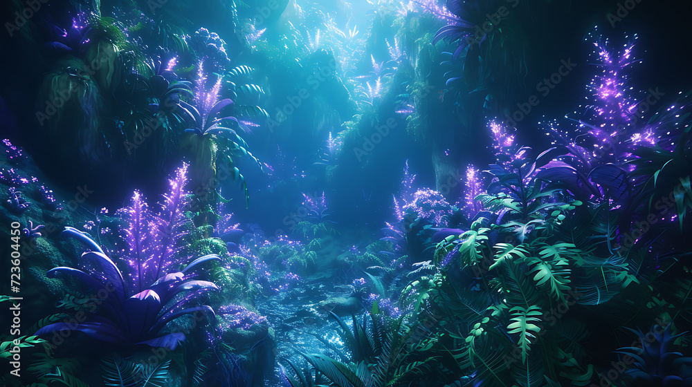 Immerse yourself in an enchanting and otherworldly lush alien forest, where the captivating glow of bioluminescent plants sets the stage for a mesmerizing journey. This stunning 3D abstract